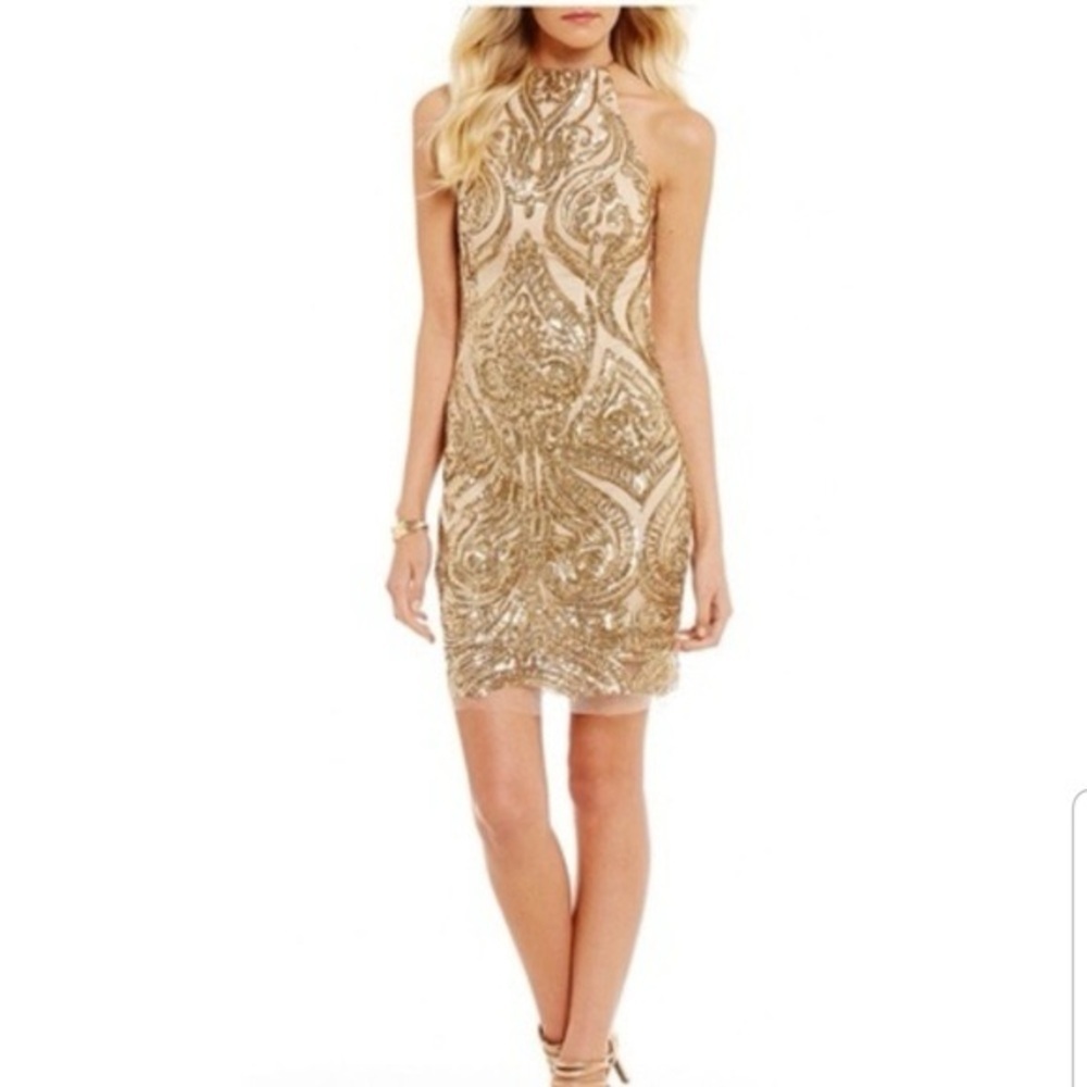 CAMILLE LA VIE Elegant Sequin Halter Tie Back Column Dress Gold